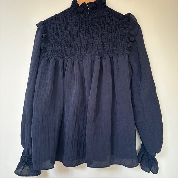 French Connection Boza Crinkle Smocked Ruffle Neck Blouse Utility Blue - Picture 4 of 6
